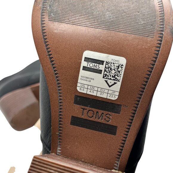 TOMS BLACK LEATHER HEEL ANKLE BOOTS 6.5 WOMENS BACK  ZIP TASSEL BOOTIES WOOD HEE - Picture 14 of 16